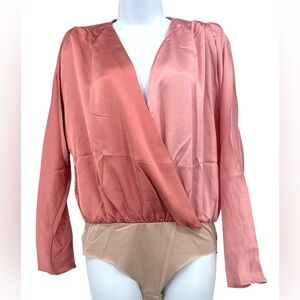 Strut & Bolt Women’s M‎ Mauve and Blush Faux Wrap BodySuit Blouse NWT Long Slv